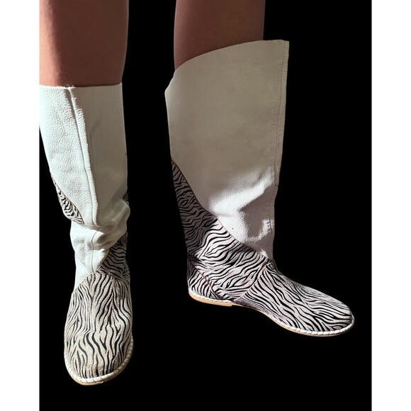 Vintage Candies Flat Leather Boots Bordeaux 70s 80s Zebra Print - Picture 2 of 8